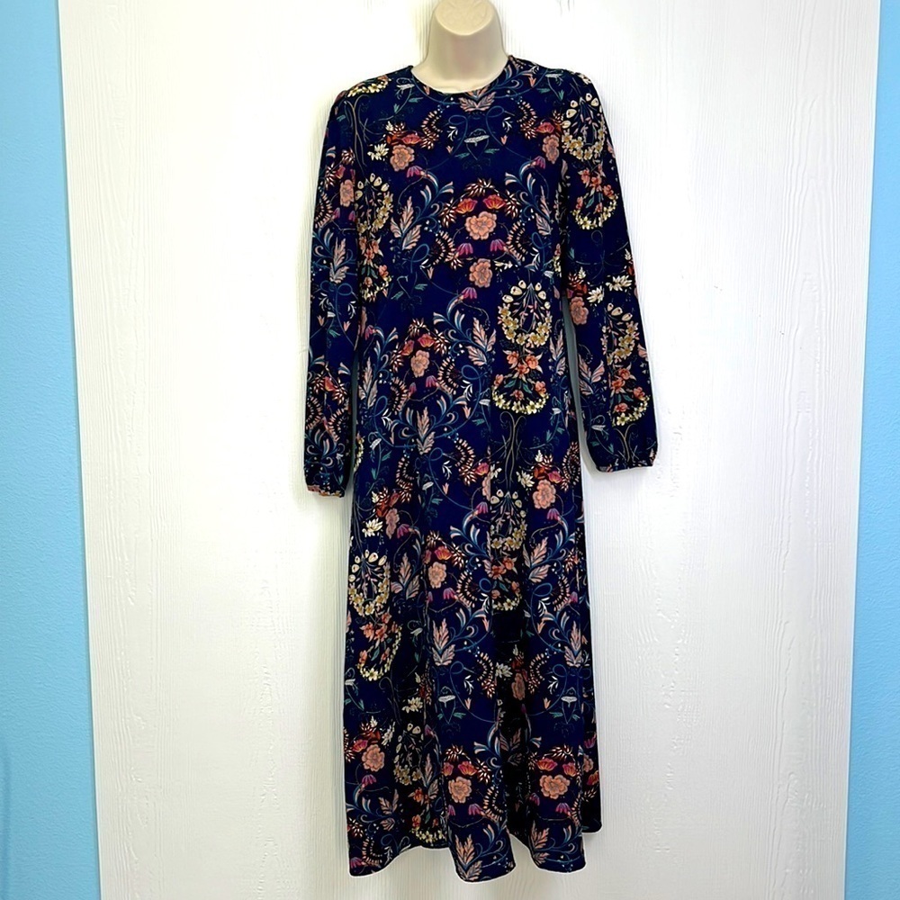 I.Madeline - Navy Garden Splendor Floral Midi Long Sleeve Dress Size Medium